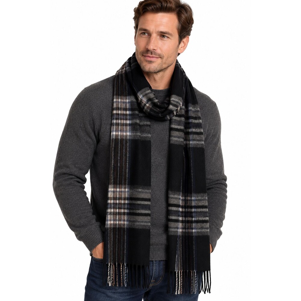 Nordstrom Men's Shop 100% Wool Scarf Plaid Fringe Black Blue Tan Preppy Classic